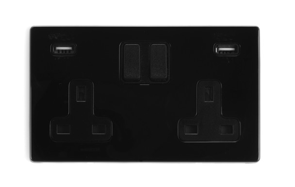 Hartland CFX Colours Jet Black 2 gang 13A Double Pole Switched Socket with 2 USB Ultra Outlets 2x2.4A Black/Black