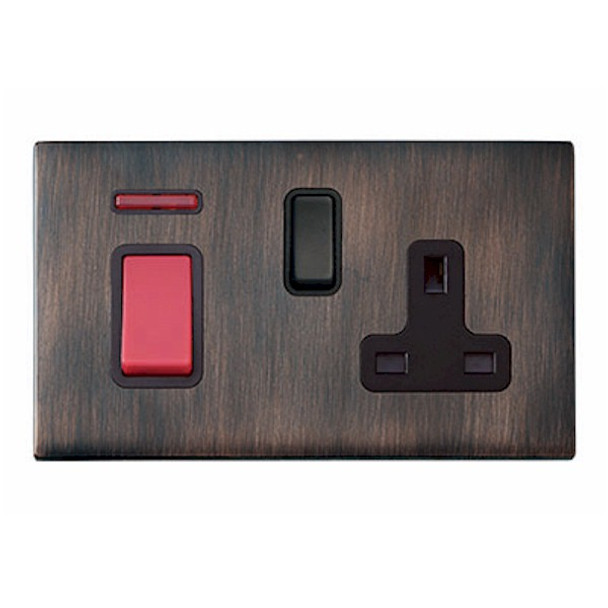Hartland CFX Etrium Bronze 45A Double Pole Rocker + Neon + 13A Switched Socket Red+Black/Black