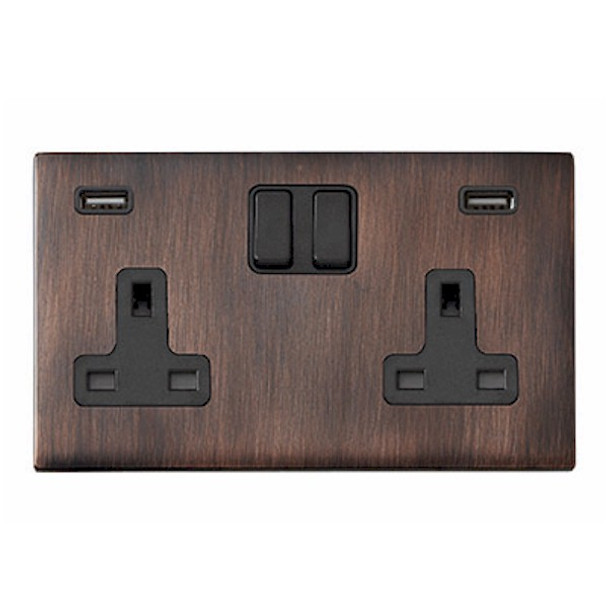 Hartland CFX Etrium Bronze 2 gang 13A Double Pole Switched Socket with 2 USB Ultra Outlets 2x2.4A Black/Black