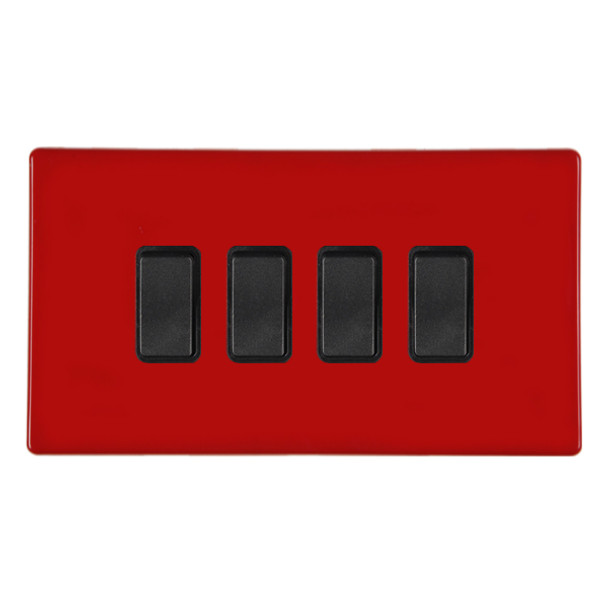 Hartland CFX Colours Pillar Box Red 4 gang 10AX 2 Way Rocker Black/Black