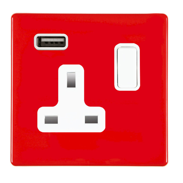 Hartland CFX Colours Pillar Box Red 1 gang 13A Single Pole Switched Socket with 1 USB Outlets 1x2.1A White/White