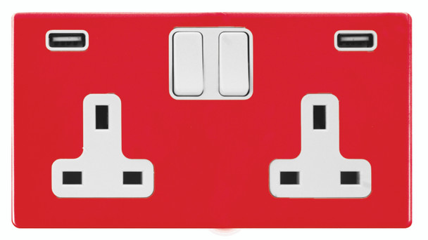 Hartland CFX Colours Pillar Box Red 2 gang 13A Double Pole Switched Socket with 2 USB Ultra Outlets 2x2.4A White/White