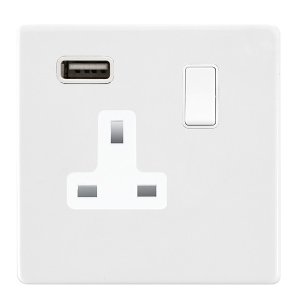 Hartland CFX Colours Bright White 1 gang 13A Single Pole Switched Socket with 1 USB Outlets 1x2.1A White/White