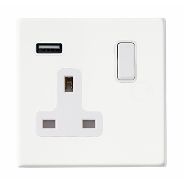 Hartland CFX Primed White 1 gang 13A Single Pole Switched Socket with 1 USB Outlets 1x2.1A White/White
