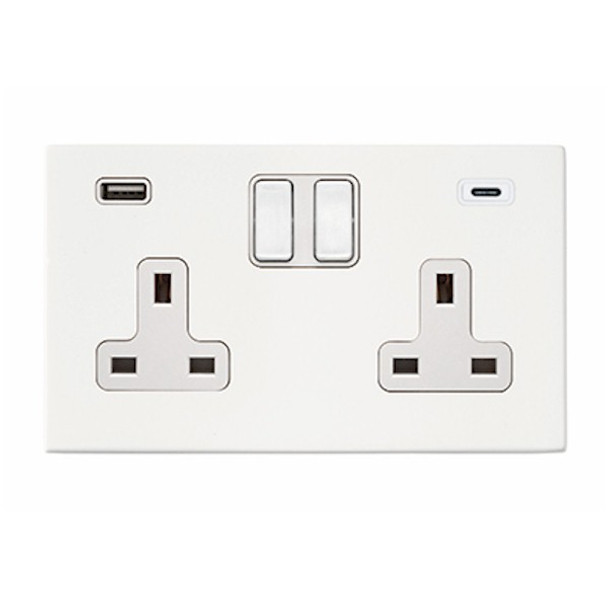 Hartland CFX Primed White 2 gang 13A Double Pole Switched Socket with 1 USB + 1 USB Type C Outlet 2x2.4A White/White