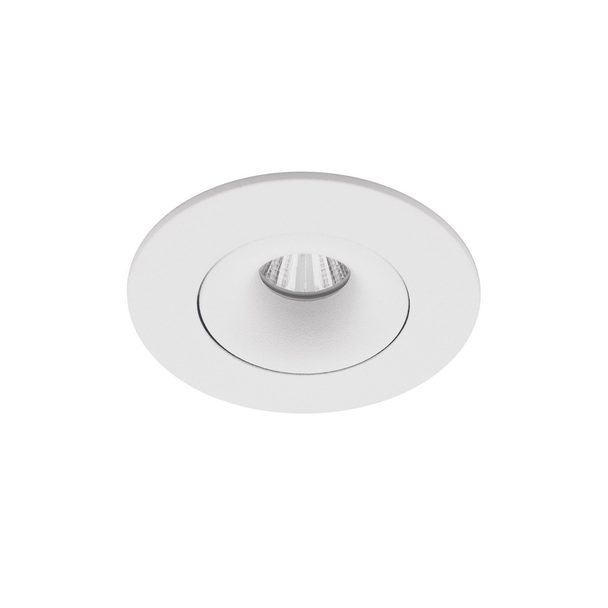 Bottom view of adjustable mini downlight, white bezel, fire rated, IP44, 6W LED, 3000K