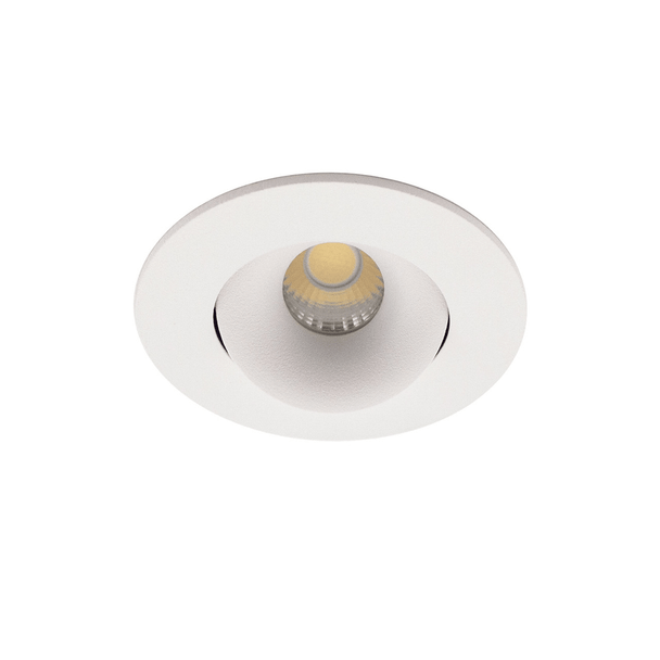 Tiltable bezel view of adjustable mini downlight, white finish, fire rated, IP44, 3000K