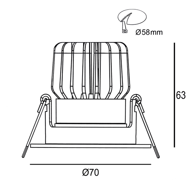 Technical drawing of adjustable mini downlight, 58mm cut-out, 36° beam angle, IP44, 6W LED