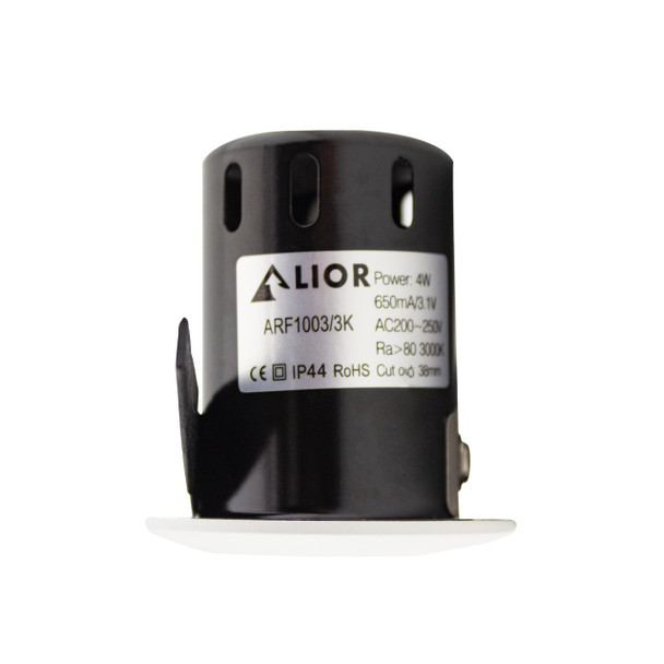 4W LED mini downlight side view installed in ceiling, dimmable, IP44 fire rated