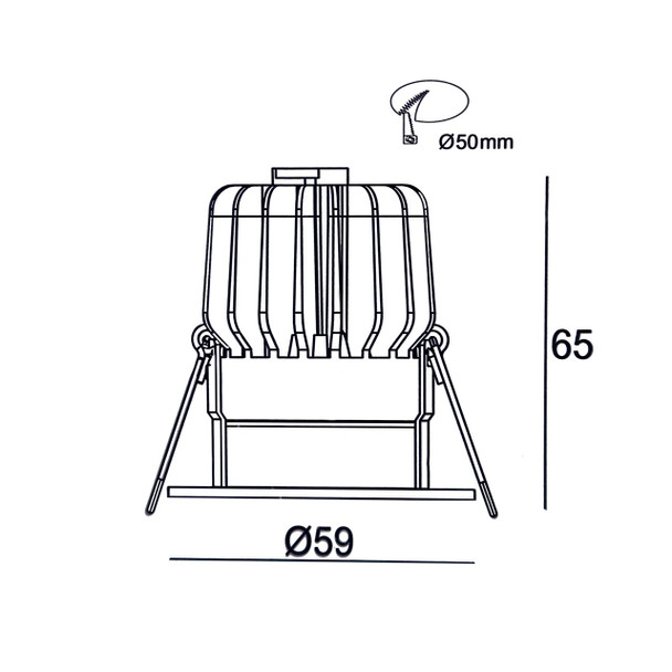 Technical drawing of 6W Fire Rated Mini Downlight – 50mm cut-out, 36° beam angle, dimmable, IP65, 3000K