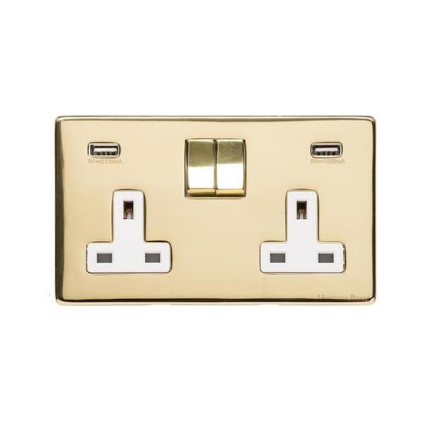 Studio Range Double USB Socket (13 Amp) in Polished Brass  - White Trim