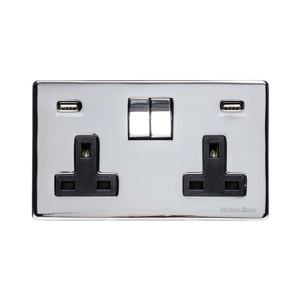 Studio Range Double USB Socket (13 Amp) in Polished Chrome  - Black Trim