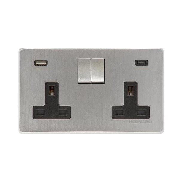 Studio Range 2G 13A Socket with USB-A & USB-C in Satin Chrome  - Black Trim