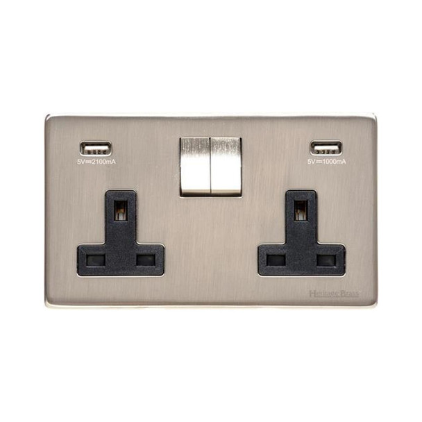 Studio Range Double USB Socket (13 Amp) in Satin Nickel  - Black Trim
