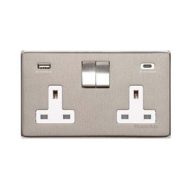 Studio Range 2G 13A Socket with USB-A & USB-C in Satin Nickel  - White Trim