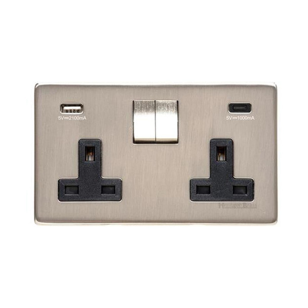 Studio Range 2G 13A Socket with USB-A & USB-C in Satin Nickel  - Black Trim