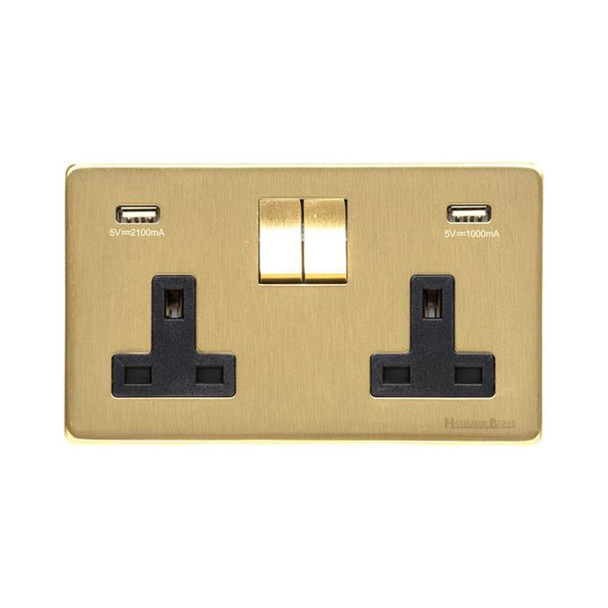 Studio Range Double USB Socket (13 Amp) in Satin Brass  - Black Trim