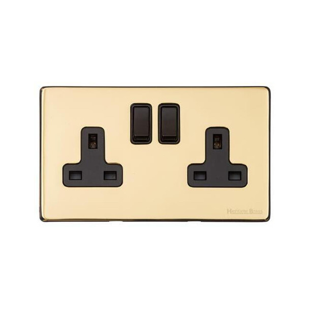 Vintage Range Double Socket (13 Amp) in Polished Brass  - Black Trim