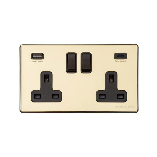 Vintage Range 2G 13A Socket with USB-A & USB-C in Polished Brass  - Black Trim