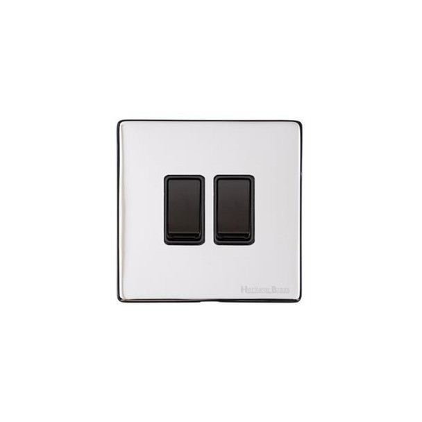 Vintage Range 2 Gang Rocker Switch (10 Amp) in Polished Chrome  - Black Trim