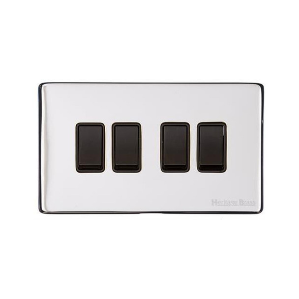 Vintage Range 4 Gang Rocker Switch (10 Amp) in Polished Chrome  - Black Trim