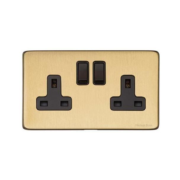 Vintage Range Double Socket (13 Amp) in Satin Brass  - Black Trim