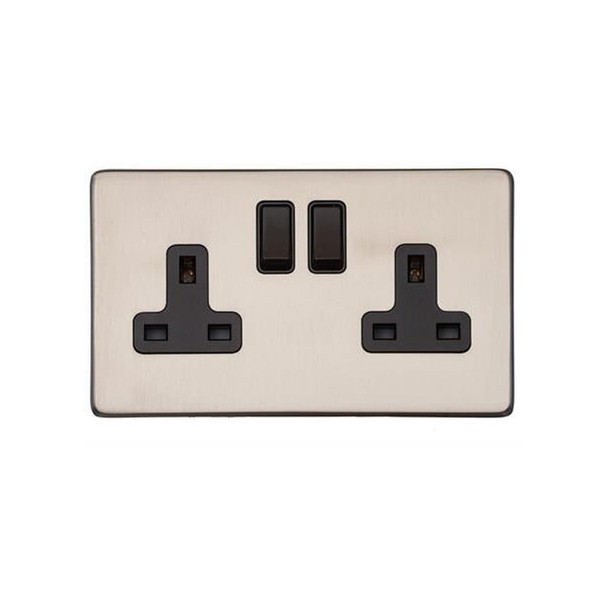 Vintage Range Double Socket (13 Amp) in Satin Nickel  - Black Trim