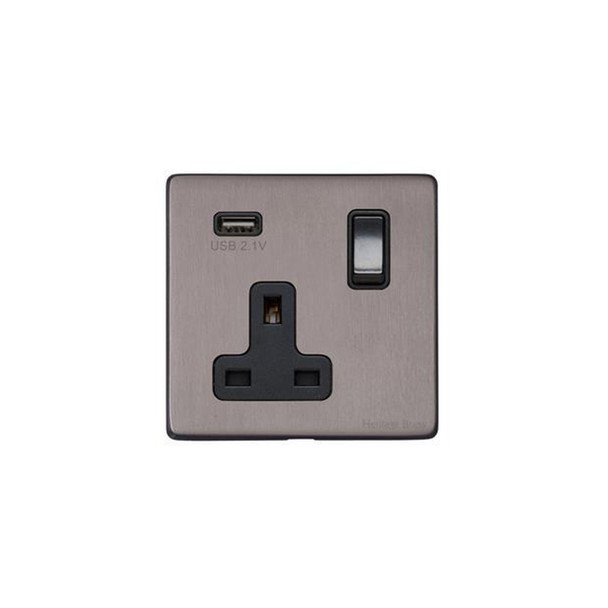 Vintage Range Single USB Socket (13 Amp) in Satin Black Nickel  - Black Trim