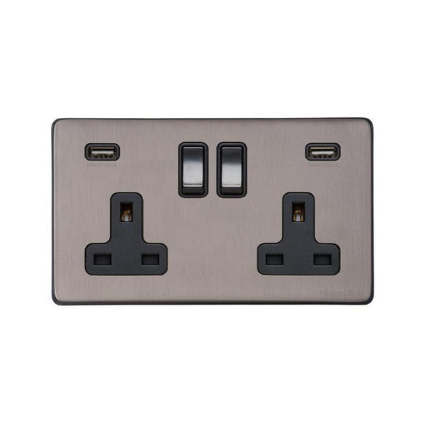 Vintage Range Double USB Socket (13 Amp) in Satin Black Nickel  - Black Trim