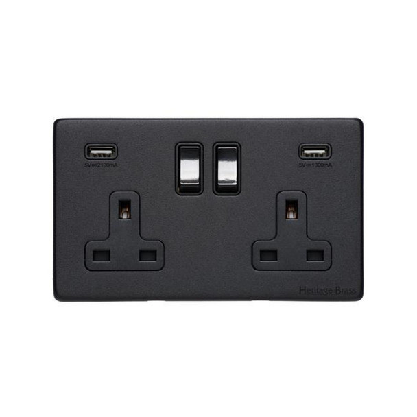 Vintage Range Double USB Socket (13 Amp) in Matt Black  - Black Trim