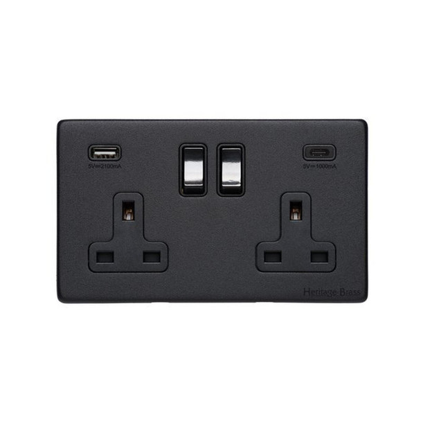 Vintage Range 2G 13A Socket with USB-A & USB-C in Matt Black  - Black Trim