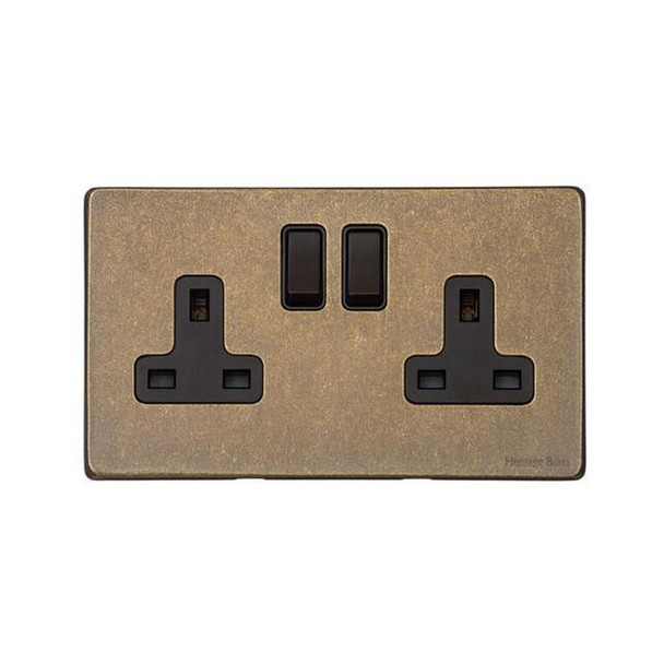 Premium Switches and Sockets I Vintage Range Double Socket (13 Amp) in Rustic Brass  - Black Trim