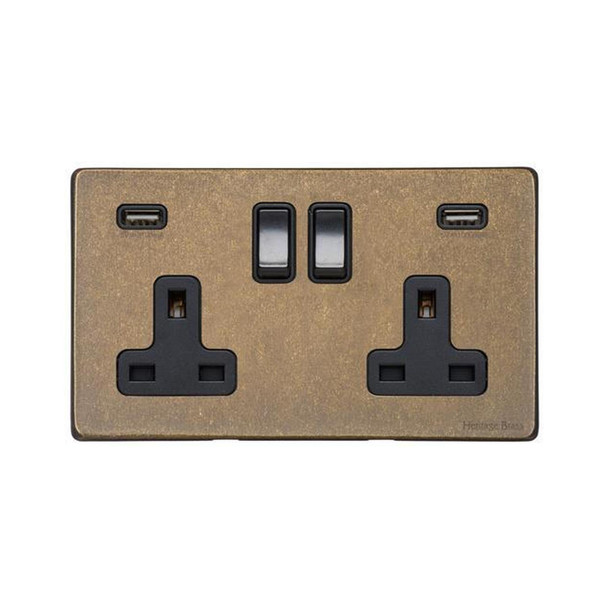 Vintage Range Double USB Socket (13 Amp) in Rustic Brass  - Black Trim