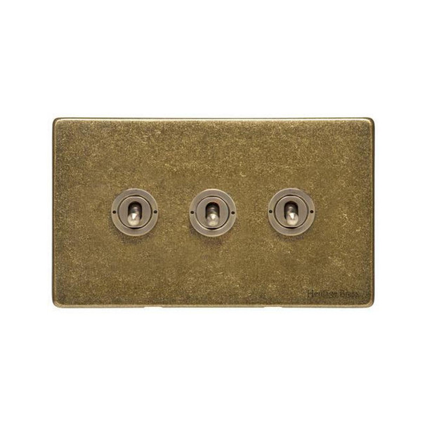Vintage Range 3 Gang Toggle Switch in Rustic Brass
