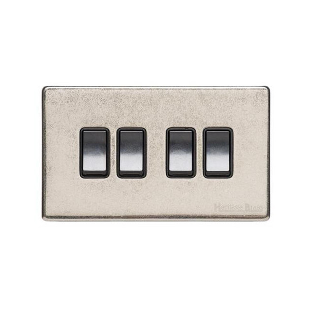 Vintage Range 4 Gang Rocker Switch (10 Amp) in Rustic Nickel  - Black Trim