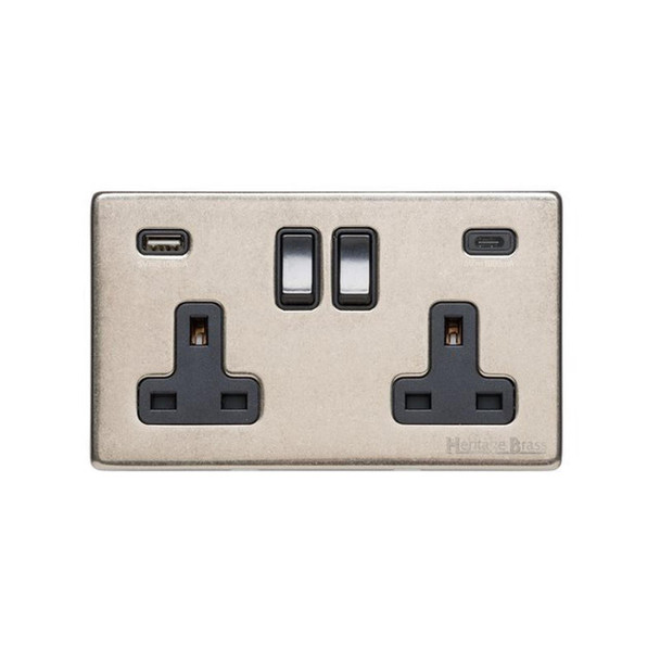 Vintage Range 2G 13A Socket with USB-A & USB-C in Rustic Nickel  - Black Trim