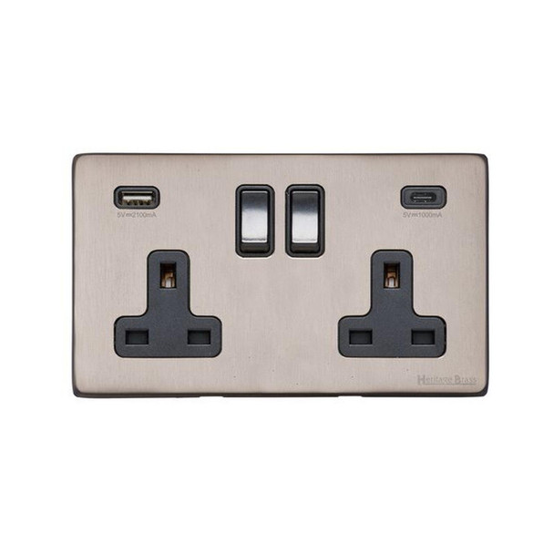 Vintage Range 2G 13A Socket with USB-A & USB-C in Aged Pewter  - Black Trim