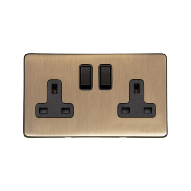 Vintage Range Double Socket (13 Amp) in Antique Brass  - Black Trim