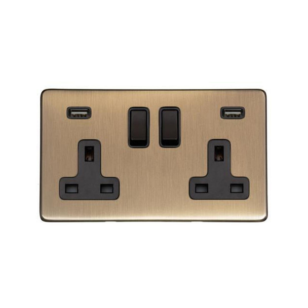 Vintage Range Double USB Socket (13 Amp) in Antique Brass  - Black Trim