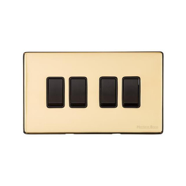 Vintage Range 4 Gang Rocker Switch (10 Amp) in Unlacquered Polished Brass  - Black Trim