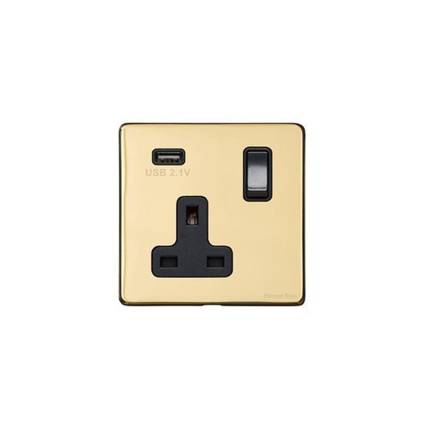 Vintage Range Single USB Socket (13 Amp) in Unlacquered Polished Brass  - Black Trim