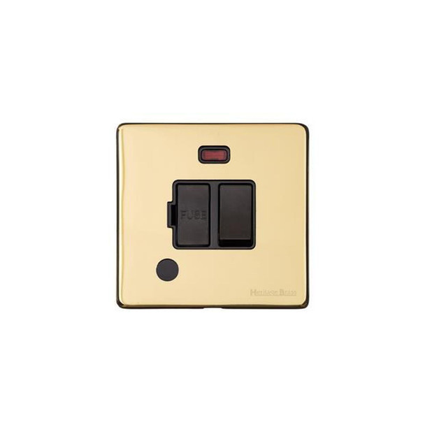 Vintage Range Switched Spur with Neon + Cord (13 Amp) in Unlacquered Polished Brass  - Black Trim