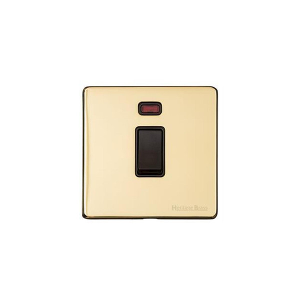 Vintage Range 20A Double Pole Switch with Neon in Unlacquered Polished Brass  - Black Trim
