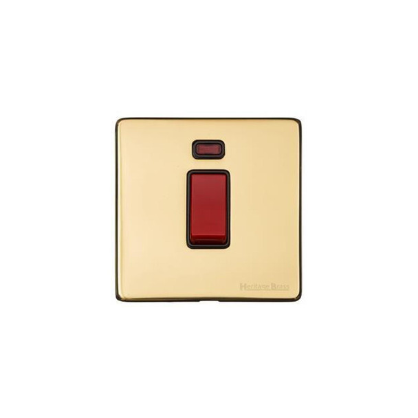Vintage Range 45A DP Cooker Switch with Neon (single plate) in Unlacquered Polished Brass  - Black Trim