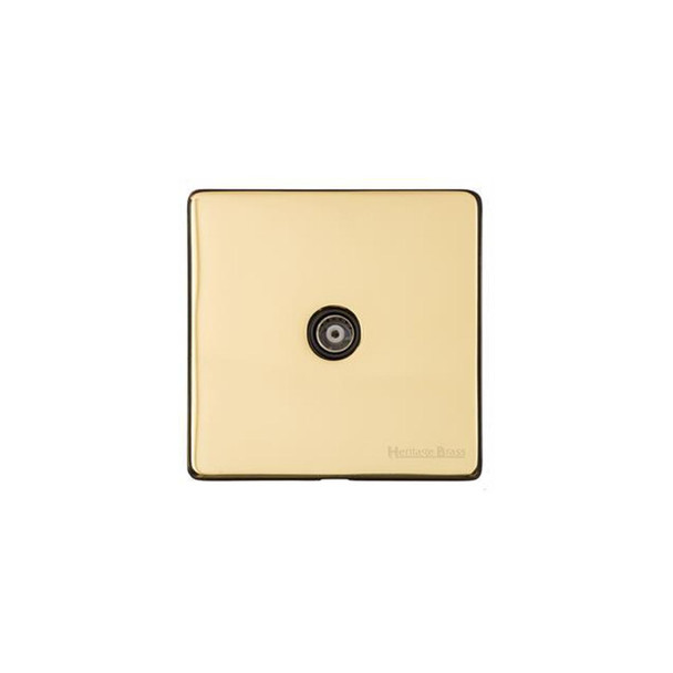 Vintage Range 1 Gang Non-Isolated TV Coaxial Socket in Unlacquered Polished Brass  - Black Trim
