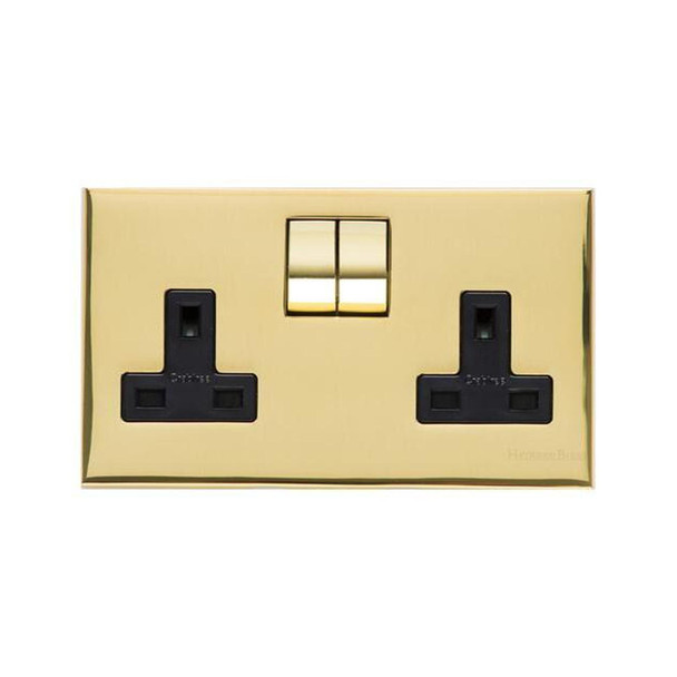 Winchester Range Double Socket (13 Amp) in Polished Brass  - Black Trim