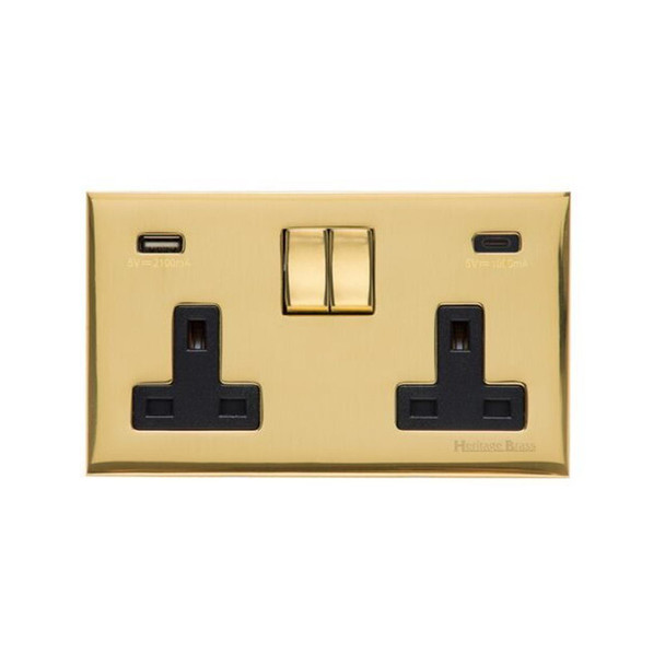 Winchester Range 2G 13A Socket with USB-A & USB-C in Polished Brass  - Black Trim