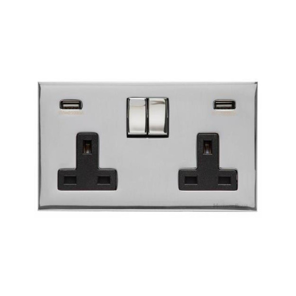 Winchester Range Double USB Socket (13 Amp) in Polished Chrome  - Black Trim