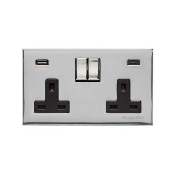 Winchester Range 2G 13A Socket with USB-A & USB-C in Polished Chrome  - Black Trim