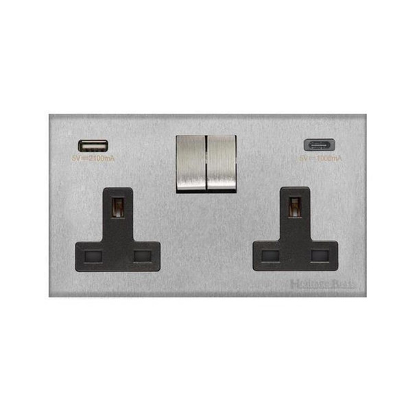 Winchester Range 2G 13A Socket with USB-A & USB-C in Satin Chrome  - Black Trim